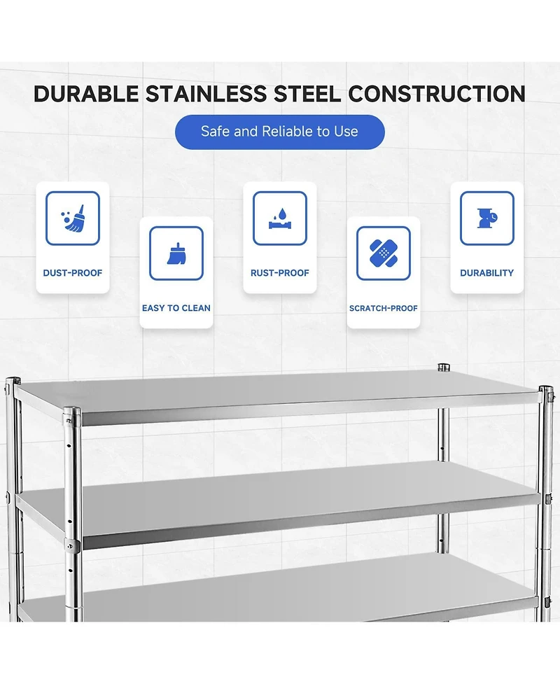 homfan 4 Tier Stainless Steel Shelf, Silver Heavy Duty Adjustable Shelving Unit with Wheels for Kitchen or Pantry