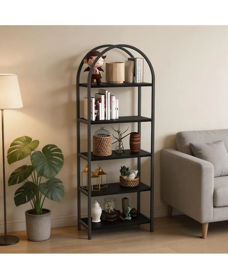 homfan 5-Tier Arched Metal Frame Bookshelf, Anti-Tipping Tall Storage Shelf with Adjustable Feet, 30-Minute Fast Assembly Industrial Home Organizer