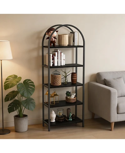 homfan 5-Tier Arched Metal Frame Bookshelf, Anti-Tipping Tall Storage Shelf with Adjustable Feet, 30-Minute Fast Assembly Industrial Home Organizer