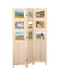 sumyeg 3-Panel Folding Privacy Screen with Swivel Paulownia Wood Photo Frames