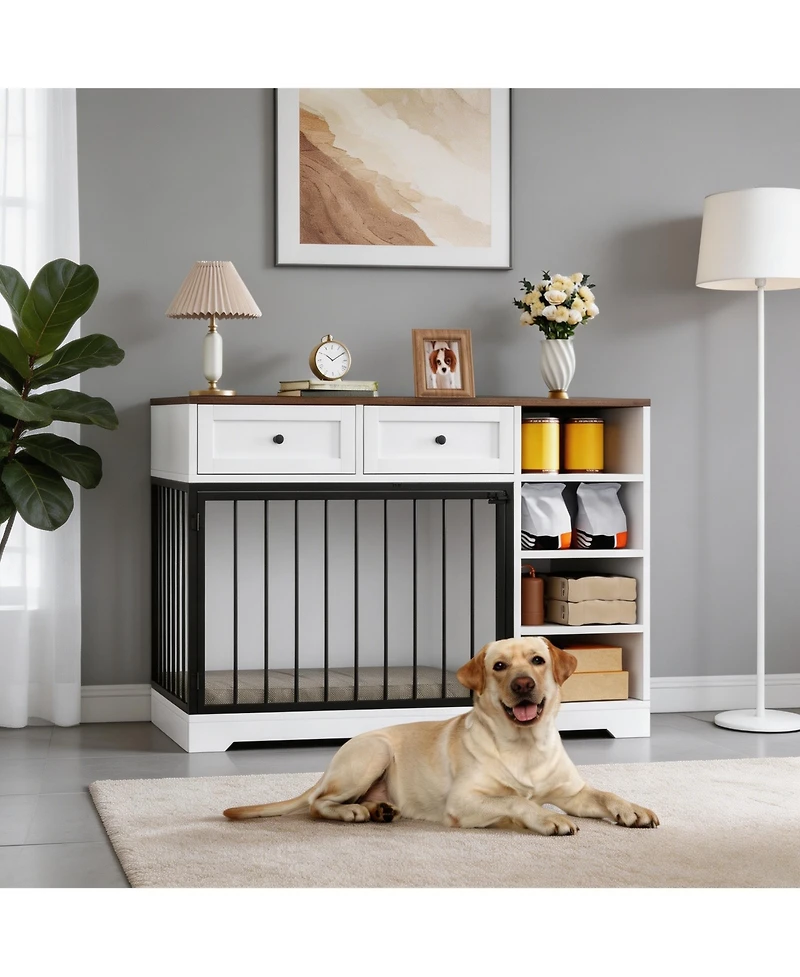 homfan Furniture-Style Dog Crate End Table or Tv Stand, Engineered Wood and Reinforced Iron Bar Pet Cage with Storage, Easy Assembly