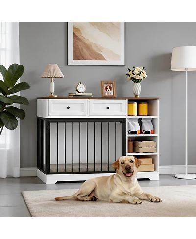 homfan Furniture-Style Dog Crate End Table or Tv Stand, Engineered Wood and Reinforced Iron Bar Pet Cage with Storage, Easy Assembly