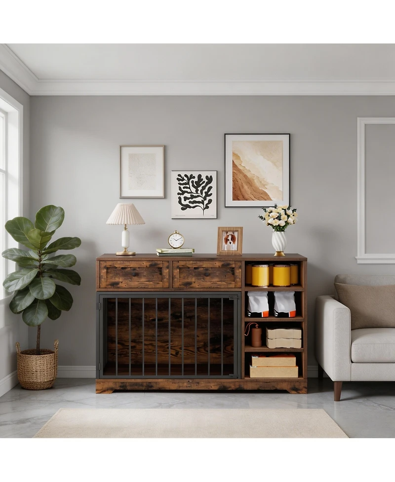 homfan Furniture-Style Dog Crate End Table or Tv Stand, Engineered Wood and Reinforced Iron Bar Pet Cage with Storage, Easy Assembly
