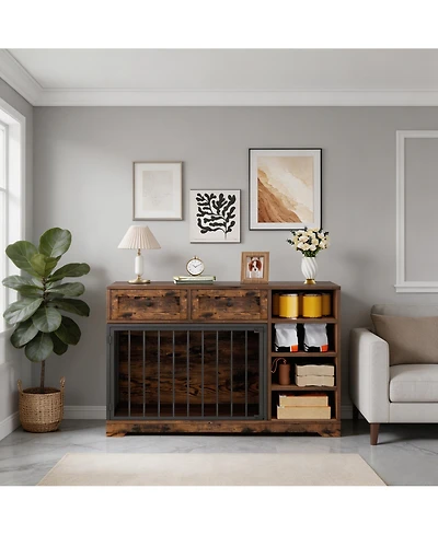 homfan Furniture-Style Dog Crate End Table or Tv Stand, Engineered Wood and Reinforced Iron Bar Pet Cage with Storage, Easy Assembly