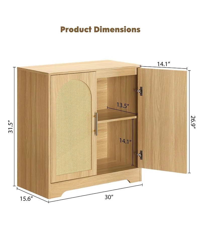 homfan Modern Rattan 4-Door Storage Console, Sideboard Buffet with Metal Handles, Inner Shelf and Anti-Tip Device for Home Spaces
