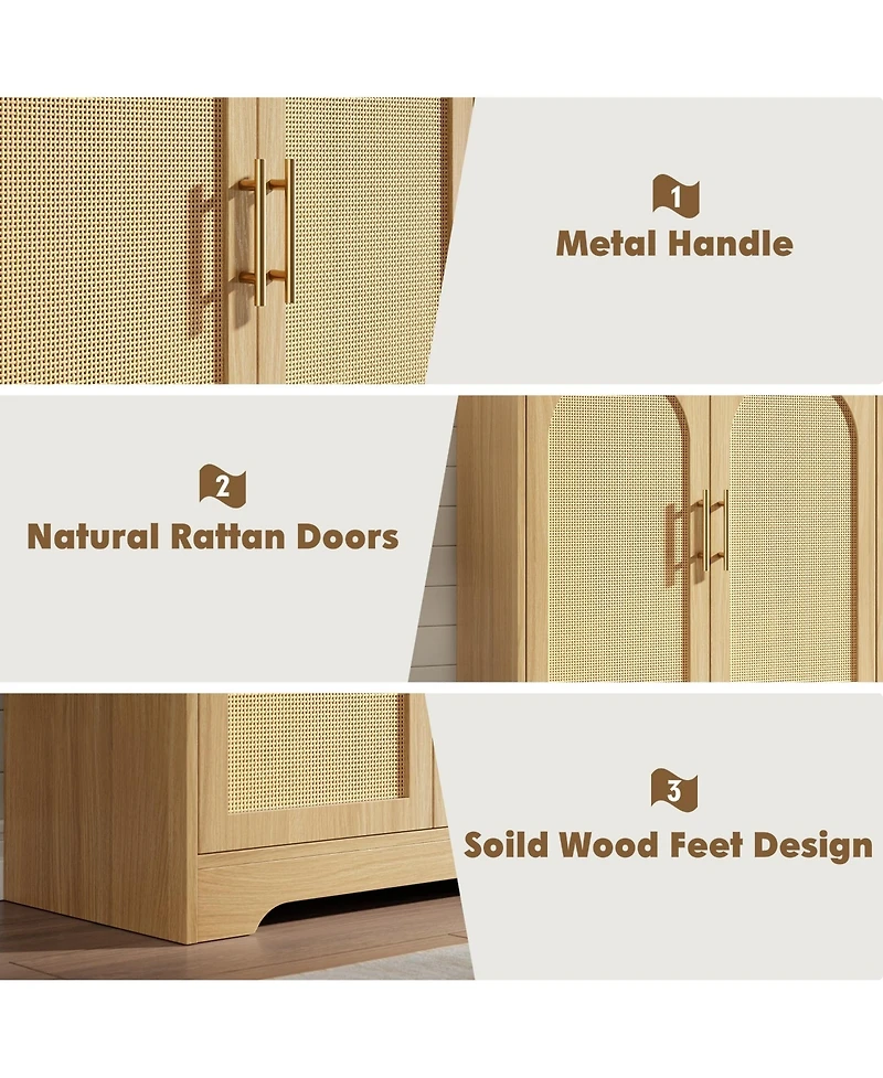 homfan Modern Rattan 4-Door Storage Console, Sideboard Buffet with Metal Handles, Inner Shelf and Anti-Tip Device for Home Spaces