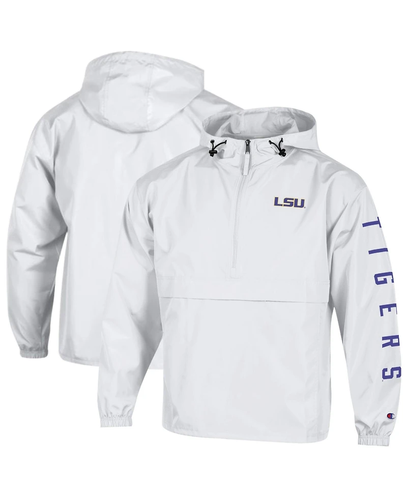 Champion Men's White Lsu Tigers Cloud Packable Half-Zip Hooded Jacket