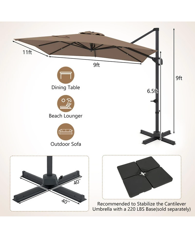 Gouun 11 x 9 Ft Rectangular Cantilever Patio Umbrella with Tilt