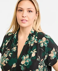 Kasper Plus Floral Funnel-Neck Cap-Sleeve Blouse
