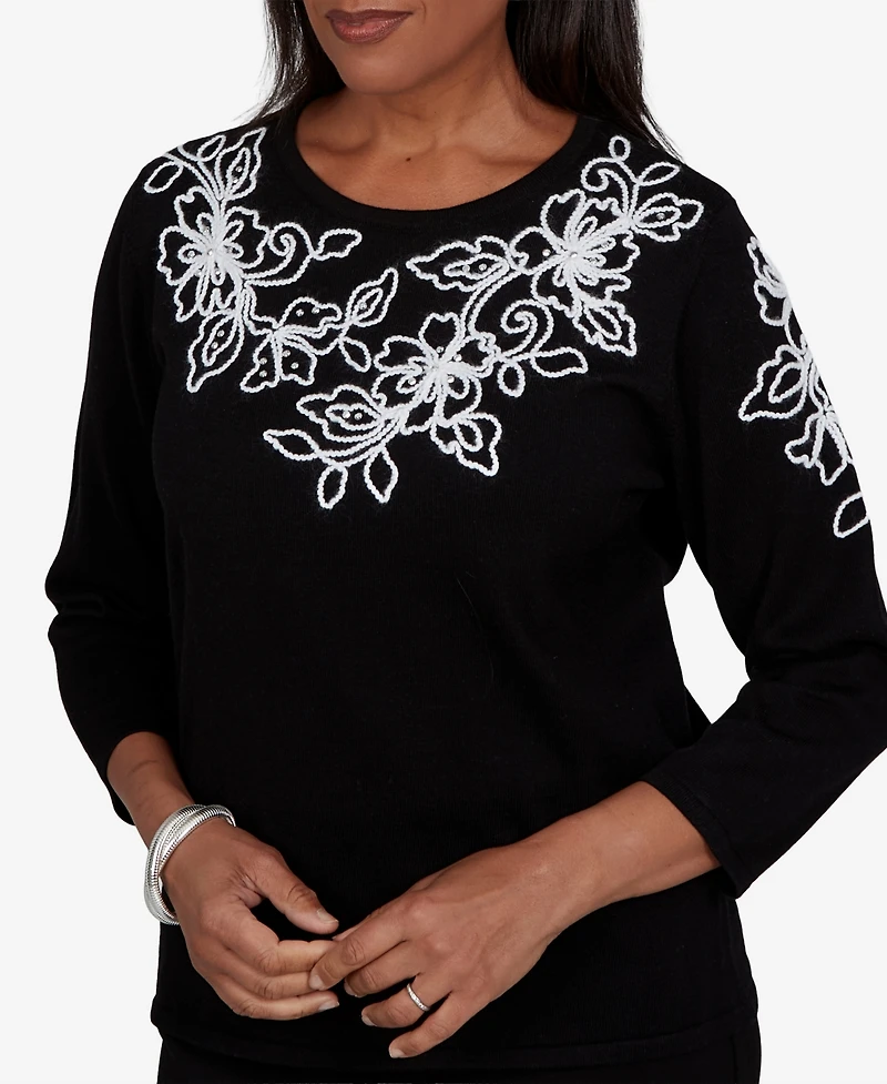 Alfred Dunner Women's Floral Scroll Soutache Sweater