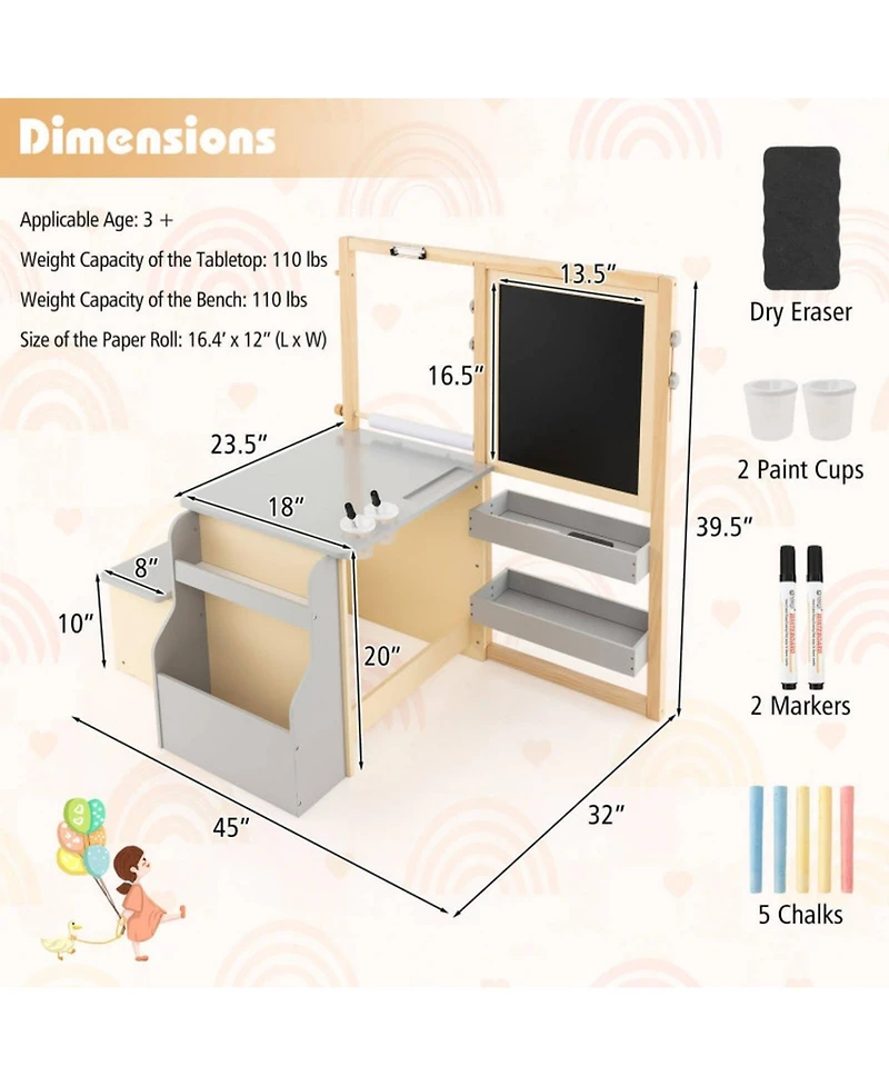 Gouun Kids Art Center Table and Bench Set with Double-Sided Easel