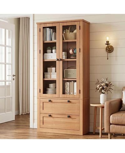 homfan 71 Inch Tall Kitchen Pantry Cabinet with Glass Doors, 2 Drawers and Adjustable Shelves