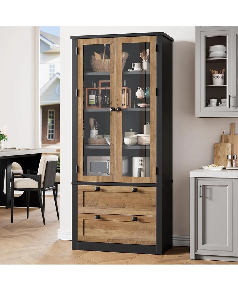 homfan 71 Inch Tall Kitchen Pantry Cabinet with Glass Doors, 2 Drawers and Adjustable Shelves