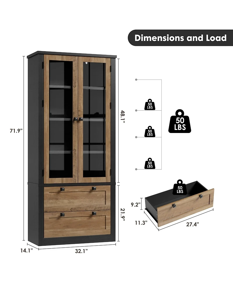 homfan 71 Inch Tall Kitchen Pantry Cabinet with Glass Doors, 2 Drawers and Adjustable Shelves