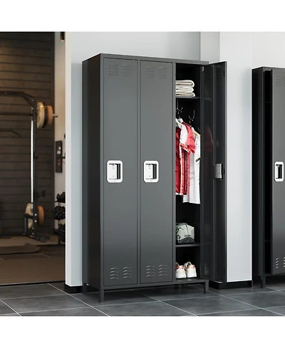 Heavy Duty 3-Door Metal Locker with Hooks and Adjustable Shelves, Lockable Steel Storage for Office, School, Gym, Warehouse