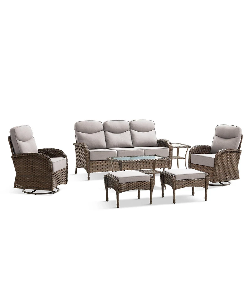 Pocassy Patio Furniture Set Wicker Conversation Rocking Bistro with Sofa, Coffee Table, Tempered Glass Side Table and Ottoman