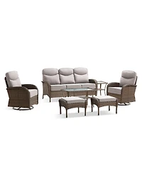 Pocassy Patio Furniture Set Wicker Conversation Rocking Bistro with Sofa, Coffee Table, Tempered Glass Side Table and Ottoman