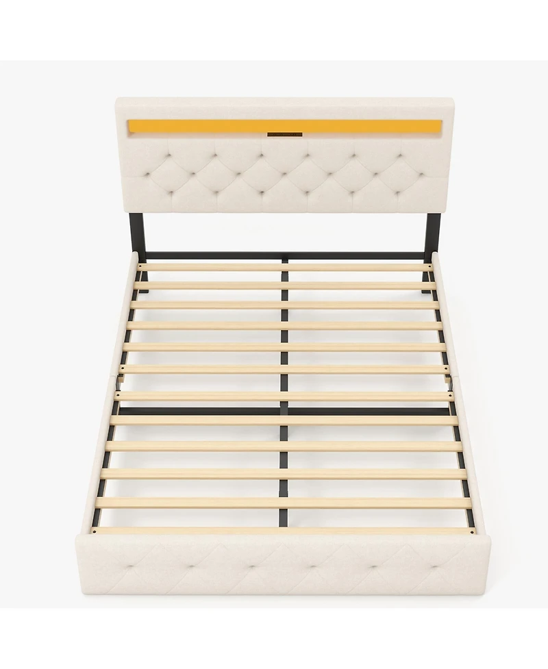 homfan Modern Upholstered Queen Bed Frame with Led Light, Low Profile Platform Bed, Adjustable Button Tufted Headboard and Wood Slat Support