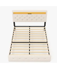 homfan Modern Upholstered Queen Bed Frame with Led Light, Low Profile Platform Bed, Adjustable Button Tufted Headboard and Wood Slat Support