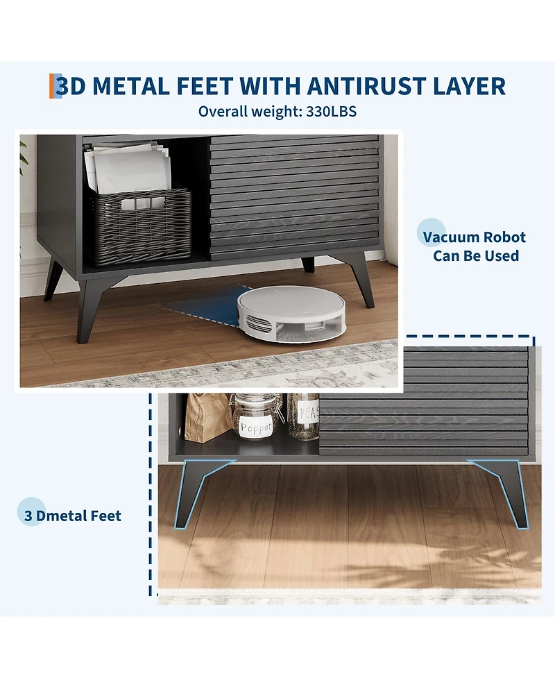 homfan Fluted Storage Cabinet with Sliding Doors, Tall Floor Adjustable Shelves for Living Room, Kitchen, Entryway
