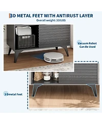 homfan Fluted Storage Cabinet with Sliding Doors, Tall Floor Adjustable Shelves for Living Room, Kitchen, Entryway