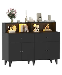 homfan Kitchen Pantry Cabinet with Power Outlets and Led Light Buffet Sideboard Adjustable Shelves for Dining Room Living