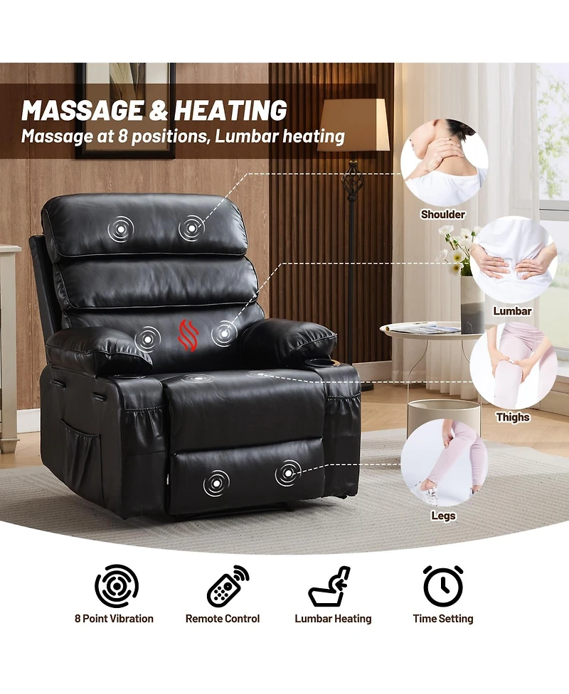 homfan Extra Wide Pu Leather Manual Recliner for Adults with Massage and Heat, Large Leisure Chair Plush Sponge Padded Arms Back