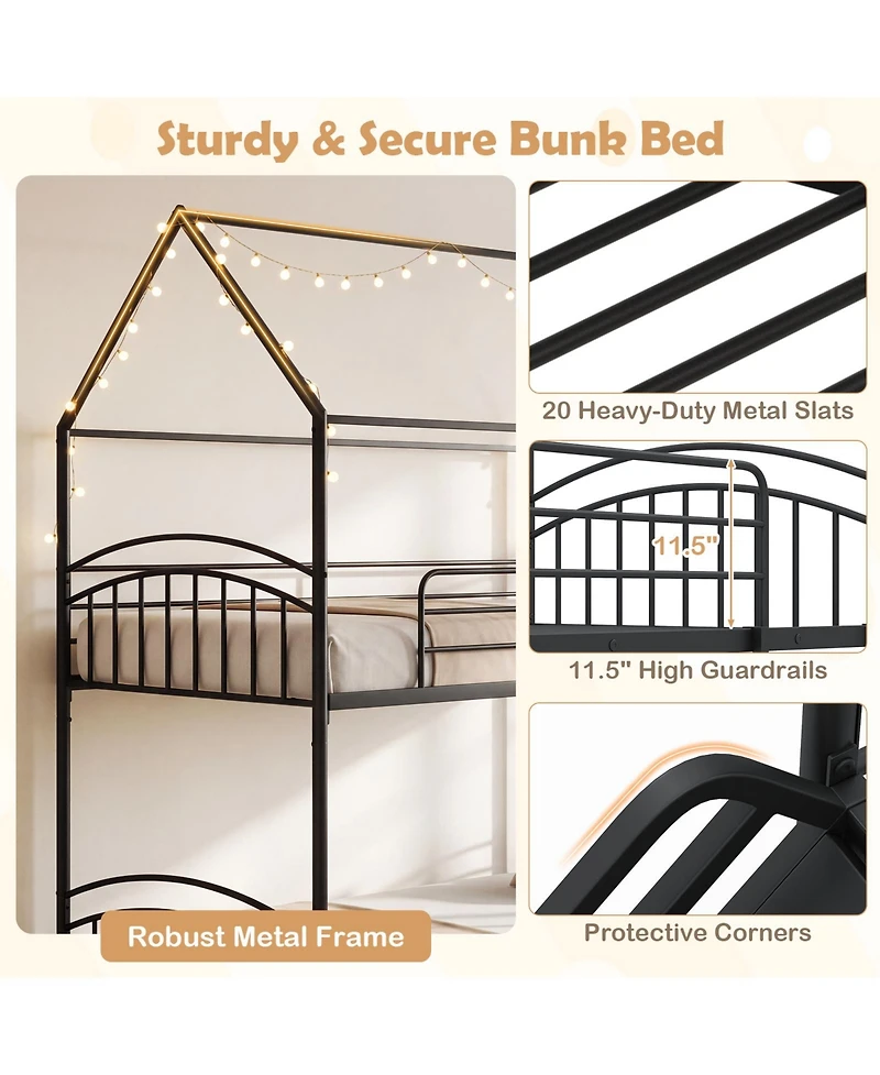 Gymax House Bunk Bed Frame with Metal Slats Reversible Ladder and Slide for Bedroom