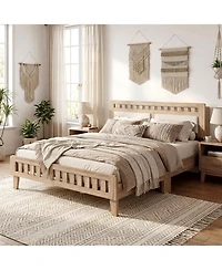 Gymax Queen Wood Bed Frame With Upholstered Headboard Solid Wood Leg Wooden Slat Support