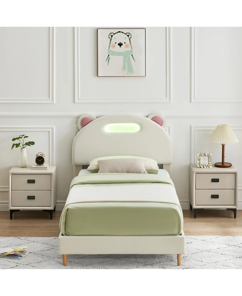 homfan Twin Upholstered Platform Led Bed Frame with Lights, Wooden Slats, No Box Spring Required, Noise-Free, Easy Assembly