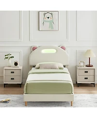 homfan Twin Upholstered Platform Led Bed Frame with Lights, Wooden Slats, No Box Spring Required, Noise-Free, Easy Assembly