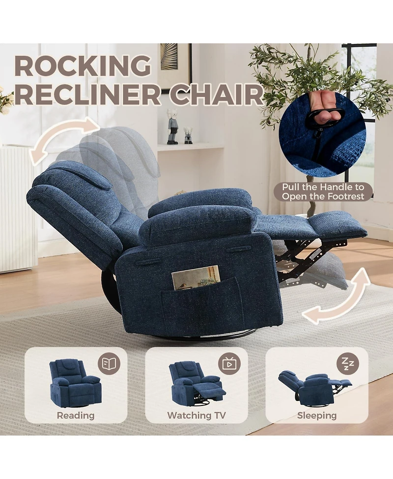 homfan Oversized Massage Rocker Recliner for Adults, 360 degrees) Swivel Rocker Recliner with Vibration Massage and Heating, Side Pocket