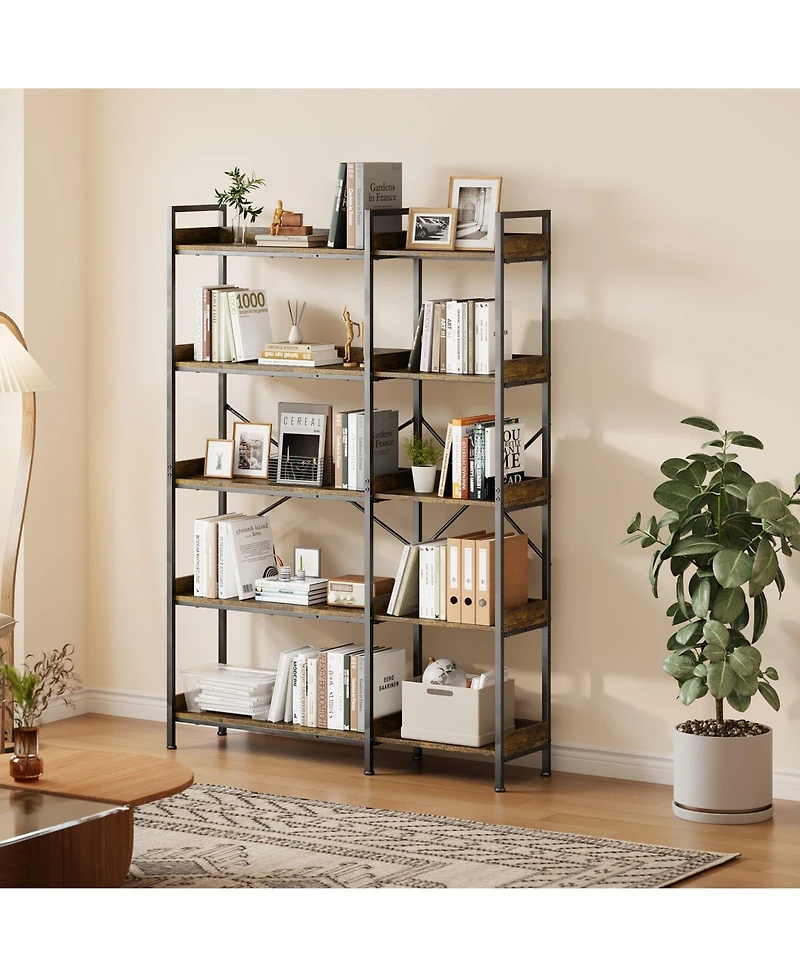 homfan 5-Tier Wide Bookshelf Rustic Wooden Shelving Unit for Bedroom, Living Room, Home or Office, Display Shelf with Character
