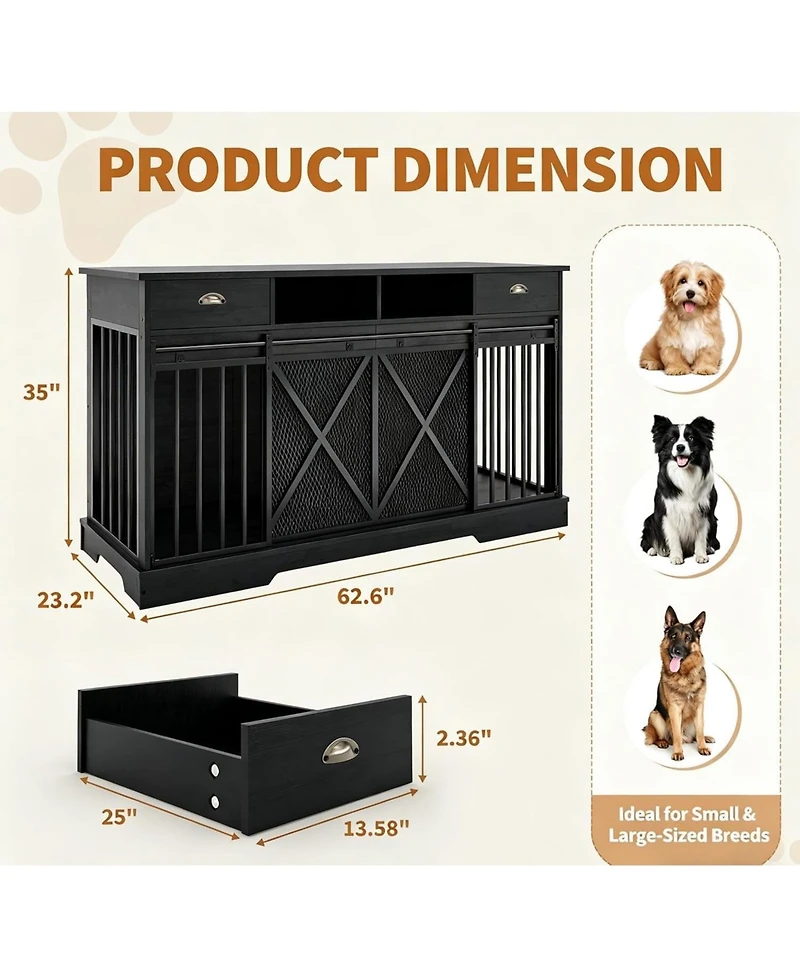 homfan Large Dog Crate – Furniture-Style Indoor Kennel with Sliding Doors, Removable Divider, 2 Drawers and Shelves, Tv Stand