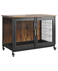 homfan Decorative Dog Crate Wooden Kennel with Wheels and Removable Tray for Small to Medium Dogs Up to 66 lbs