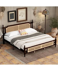 Sailvan Pine wooden Bed with Rattan Headboard and Footboard, Central Enhanced Bed Platform