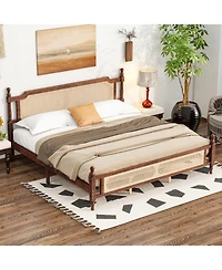 Sailvan Pine wooden Bed with Rattan Headboard and Footboard, Central Enhanced Platform
