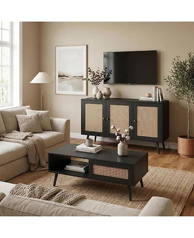homfan Living Room Table Sets of 2, Includes 47" Rattan Tv Stand Storage Cabinet and Coffee Table with Storage Shelf