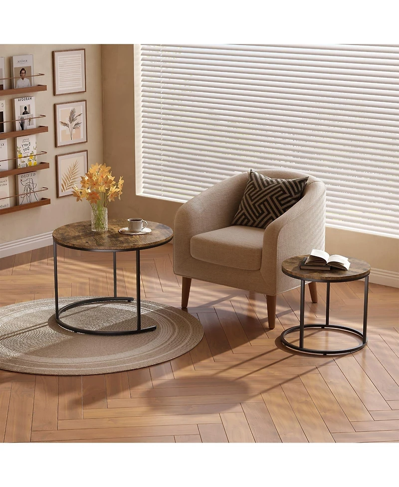 homfan Round Nesting Coffee Table Set of 2, for Living Room, Space Saving Tables with Faux Marble Top, Metal Frame