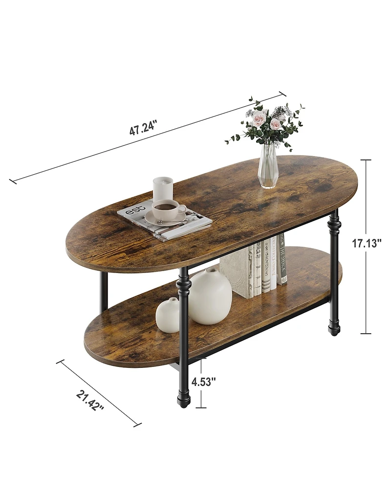 homfan Modern 2-Tier Oval Coffee Table - Fluted Faux Marble Top, Drawer Storage, Metal Frame - Stylish Living Room Center Table for Small Spaces
