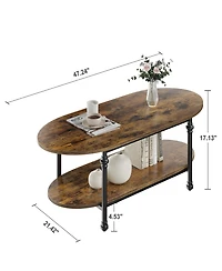 homfan Modern 2-Tier Oval Coffee Table - Fluted Faux Marble Top, Drawer Storage, Metal Frame - Stylish Living Room Center Table for Small Spaces