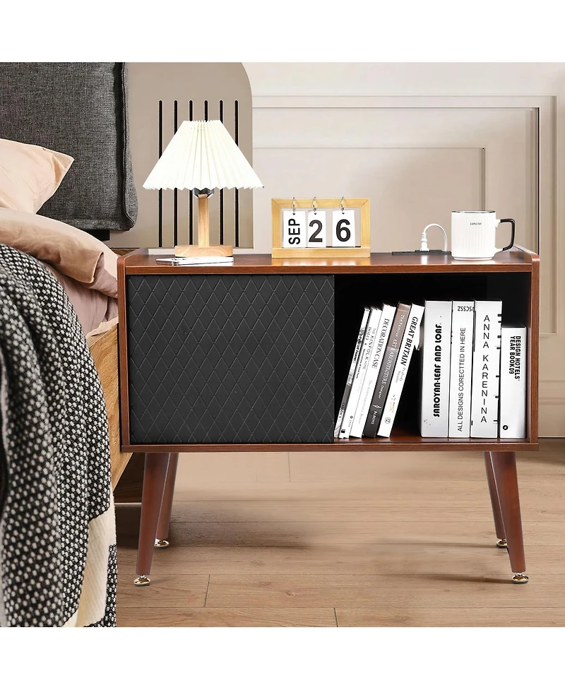 homfan Rustic Wooden Record Player Stand with Sliding Door and Led Light - Turntable Cabinet Table with Power Outlet