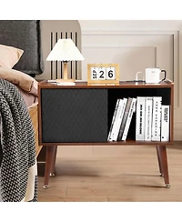 homfan Rustic Wooden Record Player Stand with Sliding Door and Led Light - Turntable Cabinet Table with Power Outlet