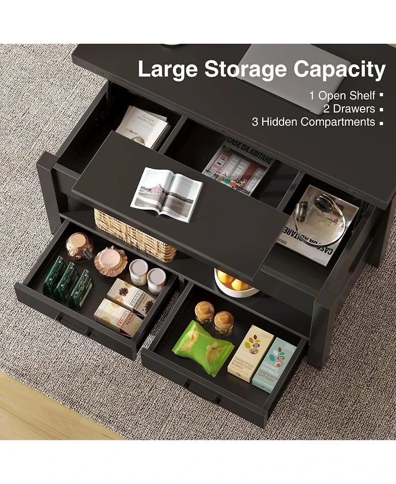 homfan Lift Top Coffee Table with Storage, Split Lift Design, 2 Drawers and Hidden Compartment, Center Table with Adjustable Height Wooden Tabletop
