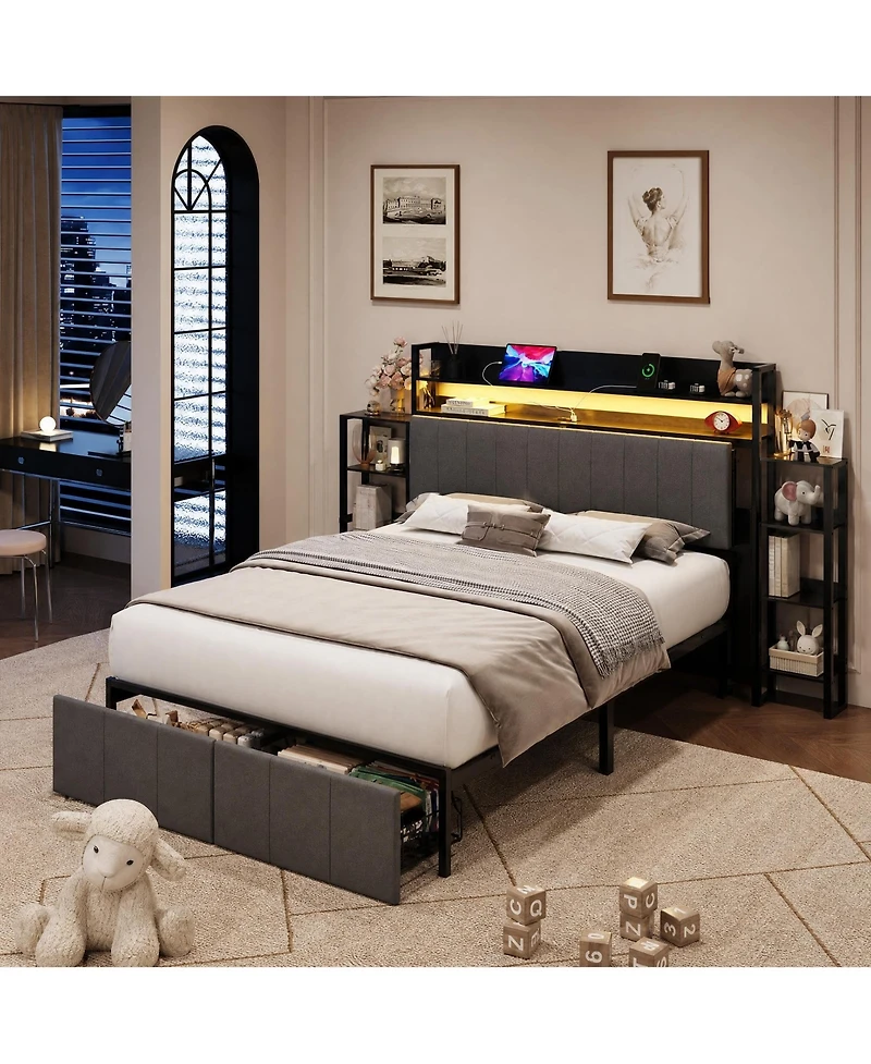 homfan Full Upholstered Bed Frame with Hidden Headboard Storage Cabinet, Top Shelf, Led Lights, Charging Station, Pull Out Footboard Storage