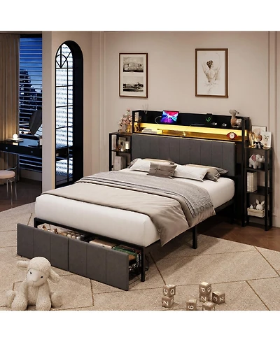 homfan Full Upholstered Bed Frame with Hidden Headboard Storage Cabinet, Top Shelf, Led Lights, Charging Station, Pull Out Footboard Storage
