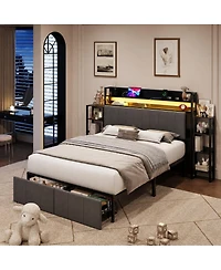 homfan Full Upholstered Bed Frame with Hidden Headboard Storage Cabinet, Top Shelf, Led Lights, Charging Station, Pull Out Footboard Storage