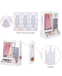 gaomon Kids Dress Up Armoire For Girls With Light, Mirror, Clothing Rack, Storage Bin And Open Hanging Wardrobe For Bedroom Or Playroom