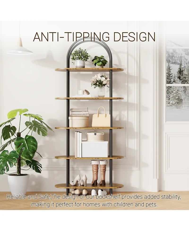 homfan 71" Tall 5-Tier Arched Bookshelf Metal Frame Open Storage Rack with Anti-Tipping Straps and Adjustable Feet for Bedroom Living Room Office