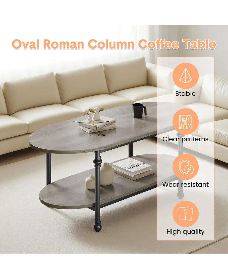 homfan Industrial Oval Coffee Table, 2-Tier Storage Design, Durable Engineered Wood Metal Frame Retro Living Room Furniture